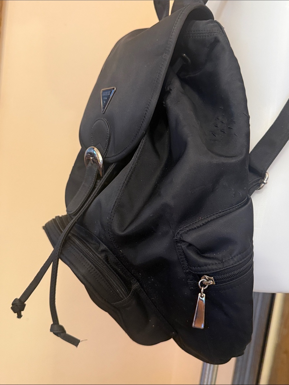 GUESS Black Nylon Buckle Drawstring Backpack - Picture 3 of 8